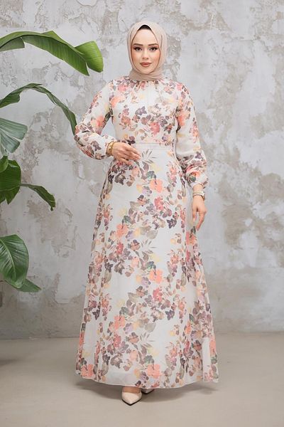 Neva Style Floral Patterned Cream Hijab Dress 279902 Kr
