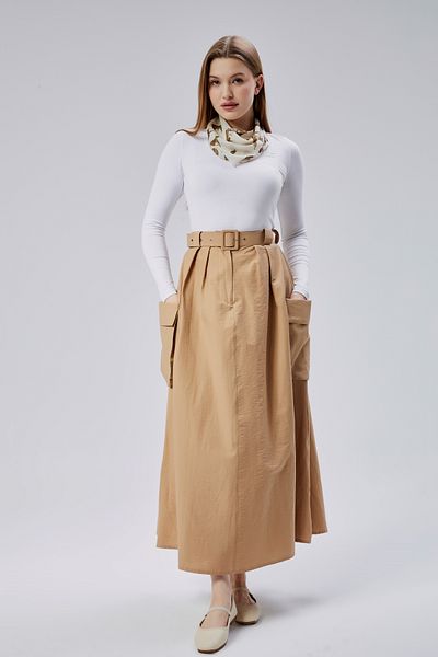 Wissi Life Women's Camel Pleated Long Skirt with Front Zipper Pocket