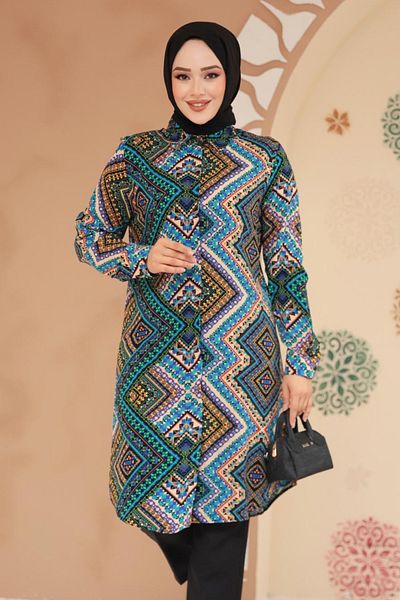Neva Style Patterned Blue Hijab Viscose Tunic