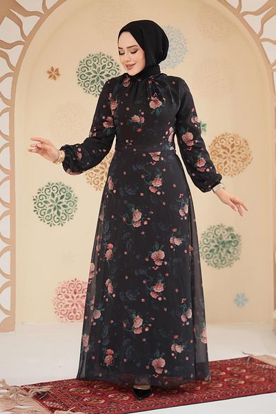 Neva Style Floral Patterned Black Hijab Dress 279908 S
