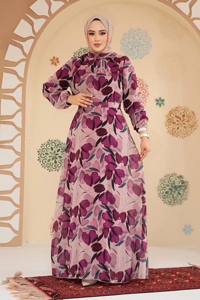 Neva Style Floral Patterned Plum Hijab Dress 279901 Mu