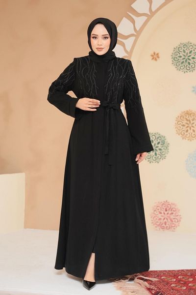 Neva Style Navy Blue Hijab Abaya with Bead Detail 29129S