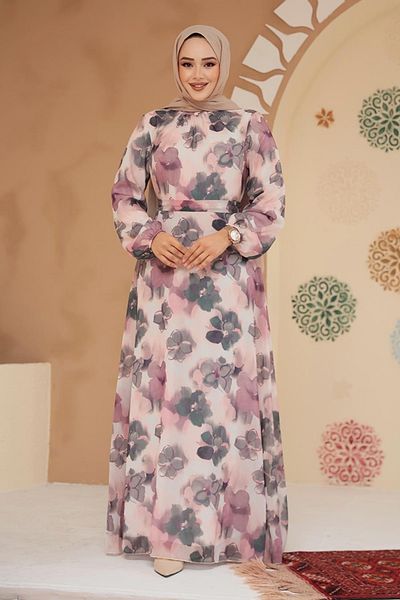Neva Style Floral Patterned Dusty Rose Hijab Dress 279905 Gk