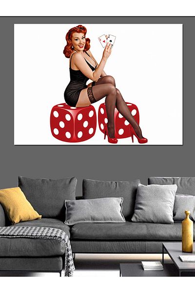 Tablomega Pin-Up Girl Διακοσμητικός καμβάς που κάθεται σε κόκκινο ζάρι - Ξύλινος πίνακας MDF