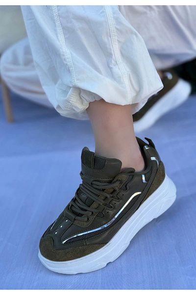 O K GİYİM Imkea Green Suede Sneakers with Silver Detail