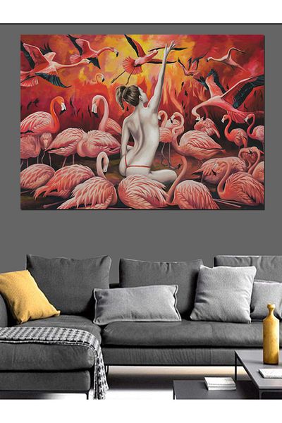 Tablomega Flamingo Group By the Lake και Γυναικείο Διακοσμητικό Καμβάς - Ξύλινο Πίνακα MDF