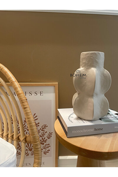 Home Seramik bej tekli uzun köşeli stoneware vazo (muadil marka)