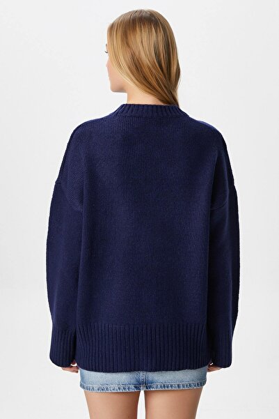 Ritnice Women's Homy Soft Crew Neck Navy Blue Oversize Knitwear Sweater