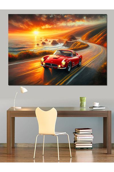 Tablomega Pânză Decorativă Mașină Sport Roșie și Peisaj Marin - Lemn MDF