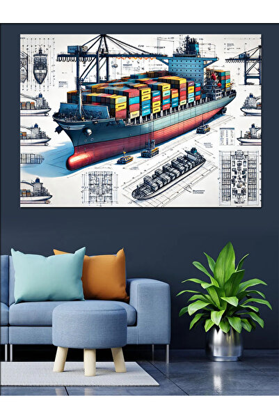 ekart Konteyner Gemisi Çizimi Dekoratif Kanvas - Mdf Ahşap Tablo