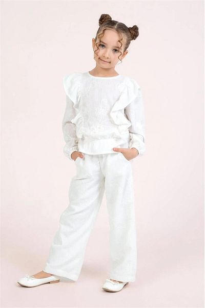 Magu Costum pentru fete din bumbac alb brodat - bluză cu volane și pantaloni largi