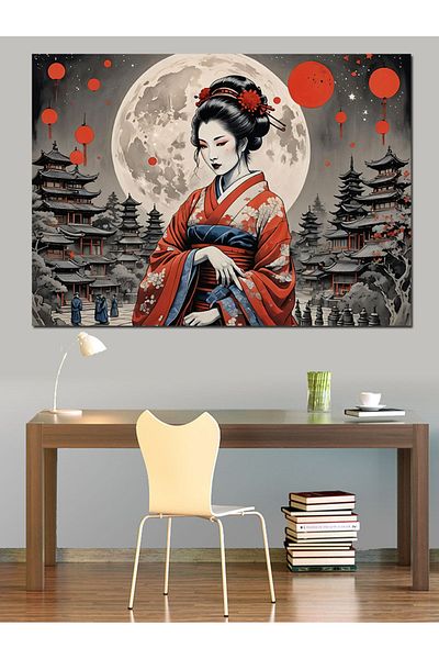 Tablomega Διακοσμητικός καμβάς Geisha And Full Moon - Ξύλινος πίνακας MDF