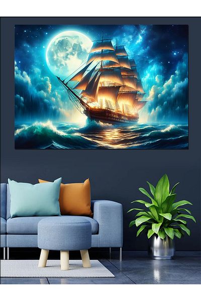 Tablomega Navă în ocean și pânză decorativă lună plină - pictură din lemn MDF