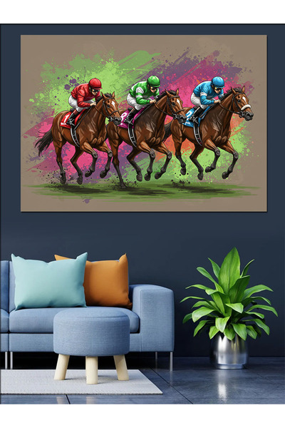 KanvasSepeti Бърза конна надпревара Декоративна платна маслена картина Тексту...