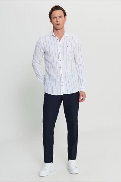 ALTINYILDIZ CLASSICS 100% βαμβακερό Oxford Slim Fit Slim Fit Klaisk γιακά ριγέ λευκό-μπλε πουκάμισο