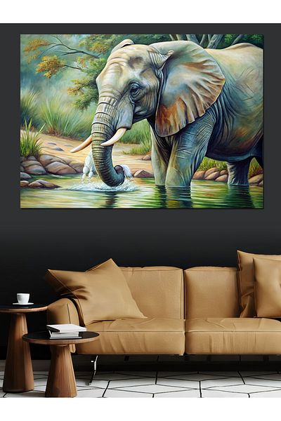 Tablomega Elefant care băută apă Pânză decorativă - Lemn MDF