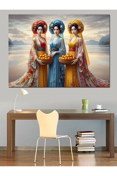 Tablomega Femei asiatice pe malul mării Pânză decorativă - Lemn MDF Pictură