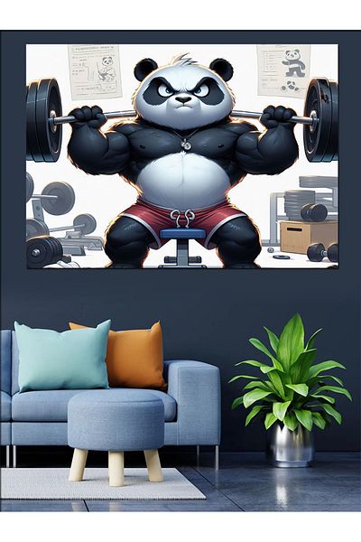 Tablomega Διακοσμητικός καμβάς με θέμα το Weight Lifting Panda Gym - Ξύλινη επιφάνεια MDF