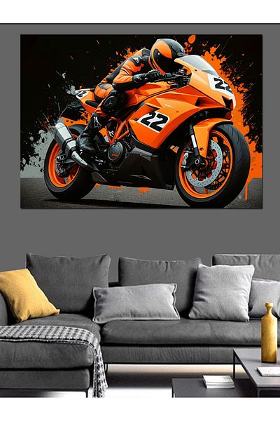 Tablomega Pânză decorativă pentru motociclete de curse portocalii - pictură din lemn MDF