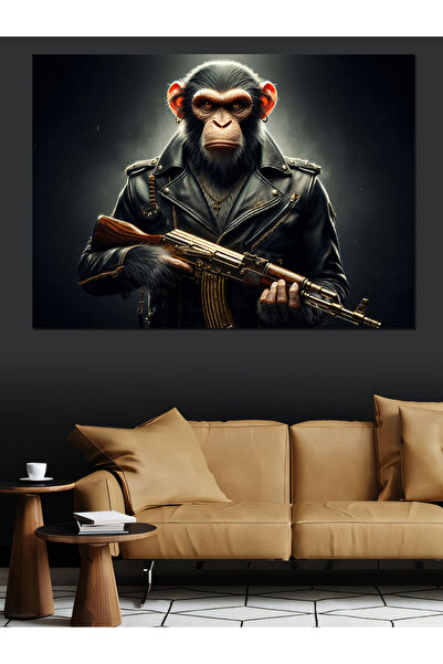 ekart Silahlı Maymun Figürü Dekoratif Kanvas - Mdf Ahşap Tablo
