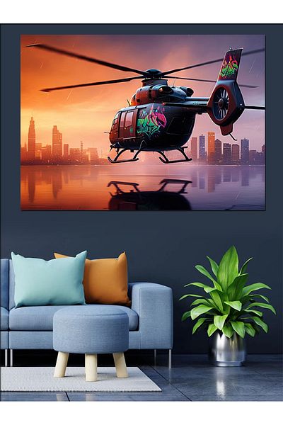 Tablomega Zbor cu elicopter în orașul de noapte Pânză decorativă - Lemn MDF