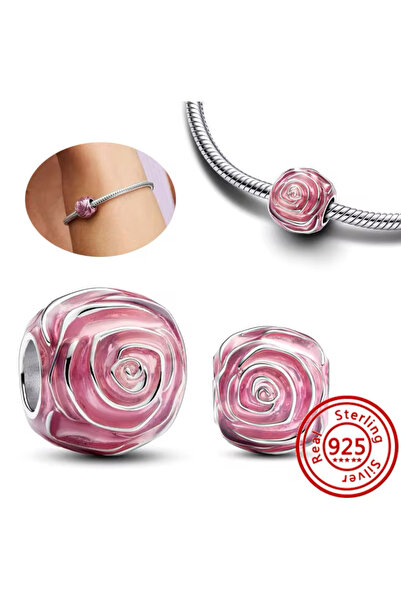 Lovecharm Gümüş Pembe Açan Gül Charm