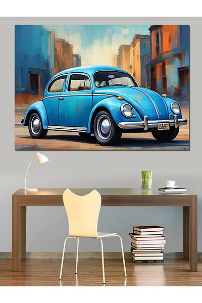Tablomega Διακοσμητικός καμβάς αυτοκινήτου Retro Blue Turtle - Ξύλινος πίνακας MDF