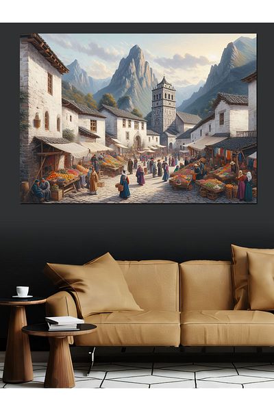 Tablomega Pânză decorativă retro Mountain Town și Market Place - Pictură din lemn MDF