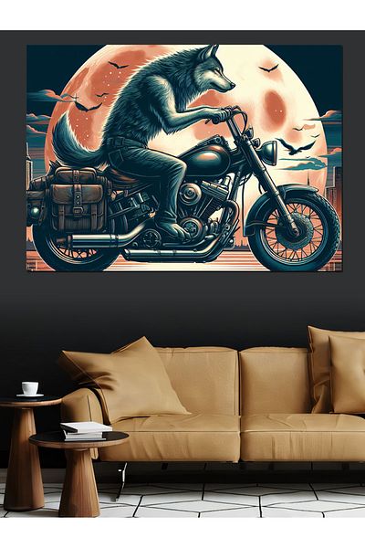 Tablomega Pânză decorativă Biker Wolf And Moon - Lemn MDF