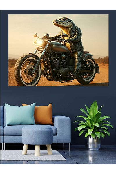 Tablomega Pânză Decorativă Crocodil pe Motocicletă - Lemn MDF Pictură