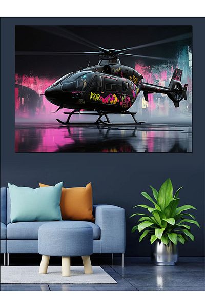 Tablomega Pânză decorativă cu ilustrație de elicopter roz și negru - MDF Lemn