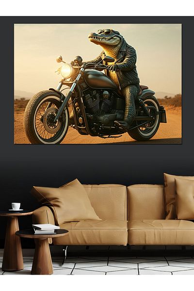 Tablomega Pânză Decorativă Crocodil pe Motocicletă - Lemn MDF Pictură