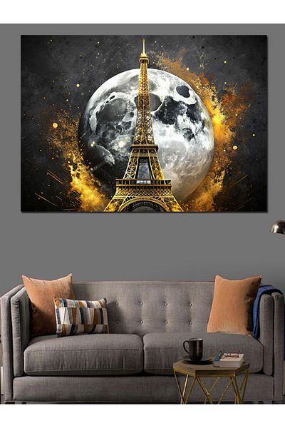 Tablomega Pânză decorativă pentru lună plină și turnul Eiffel - pictură din lemn MDF