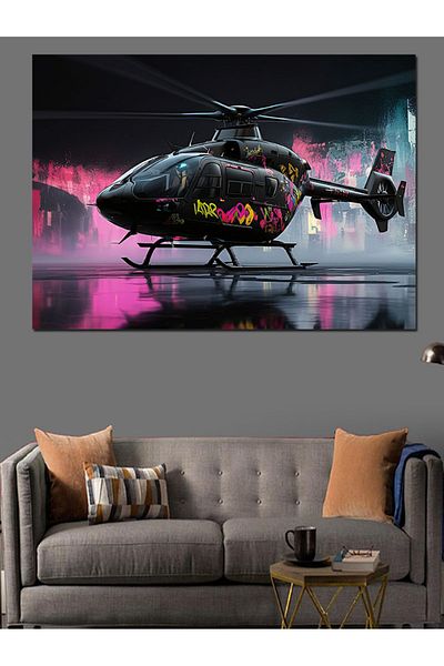 Tablomega Pânză decorativă cu ilustrație de elicopter roz și negru - MDF Lemn