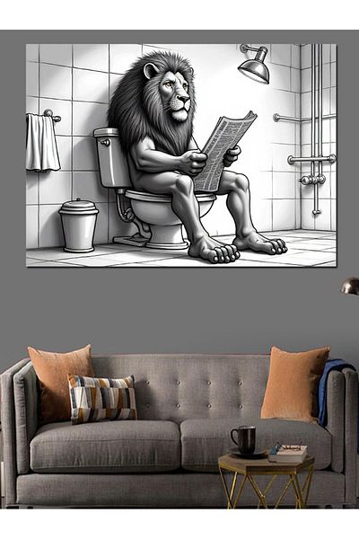Tablomega Lion Citind Ziarul pe Toaletă Pânză Decorativă - Lemn MDF Pictură
