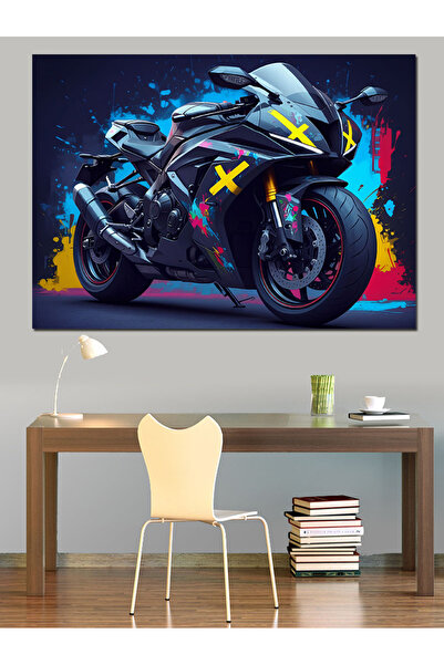 ekart Neon Işıklı Motosiklet Dekoratif Kanvas - Mdf Ahşap Tablo