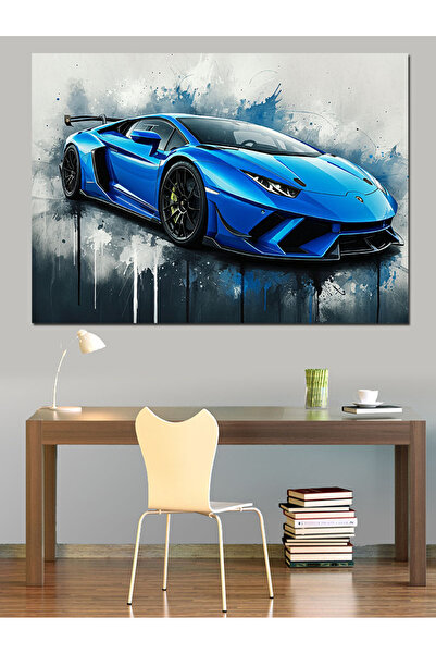 ekart Mavi Lamborghini Çizimi Dekoratif Kanvas - Mdf Ahşap Tablo