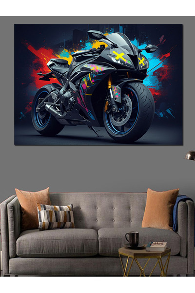 Tablo Mega Neon Işıklı Motosiklet Aksiyonu Dekoratif Kanvas - Mdf Ahşap Tablo