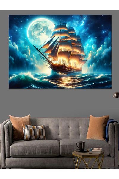Tablomega Navă în ocean și pânză decorativă lună plină - pictură din lemn MDF