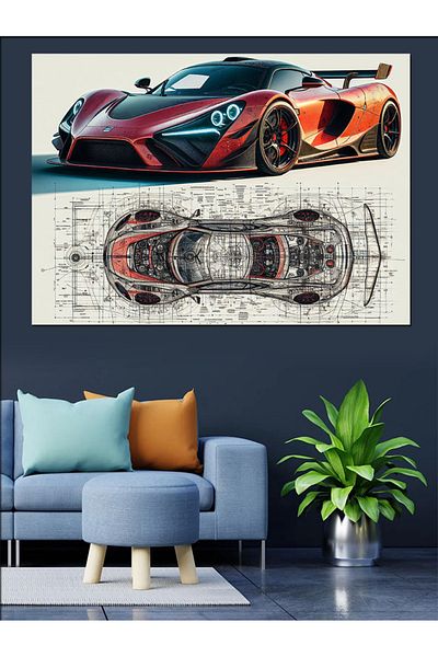 Tablomega Pânză Decorativă Ilustrație Mașină Sport Roșie - Lemn MDF