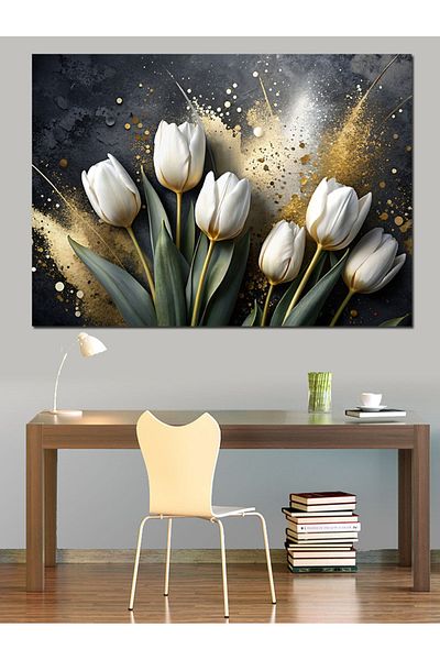 Tablomega Lalele albe Pânză decorativă - Lemn MDF