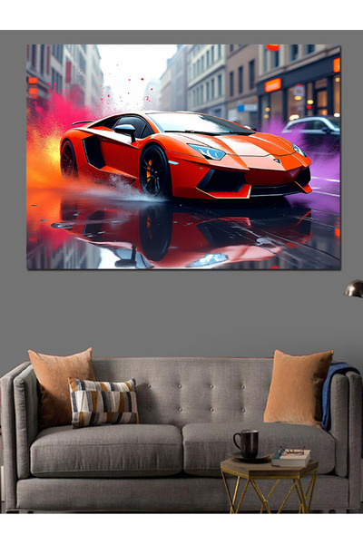 KanvasSepeti Pictură în ulei de noapte cu Lamborghini portocaliu, texturată, ...