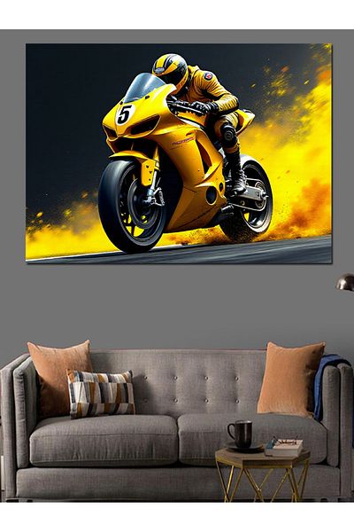 Tablomega Pânză decorativă cu motor de curse galben - pictură din lemn MDF