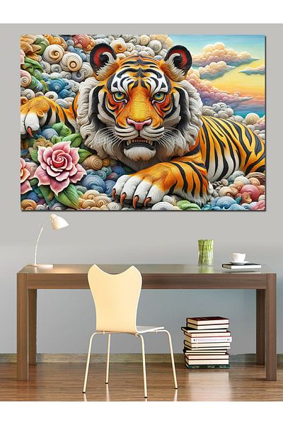Tablomega Pânză Decorativă Tigru cu Flori - Lemn MDF
