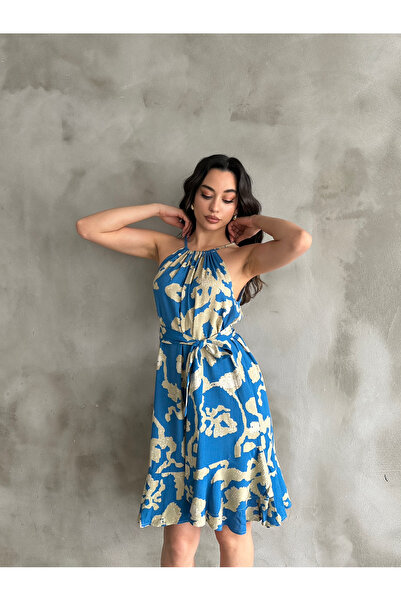 Sunlit Collections Kadın Mavi Bej Desenli Halter Yaka Kuşaklı Yazlık Elbise