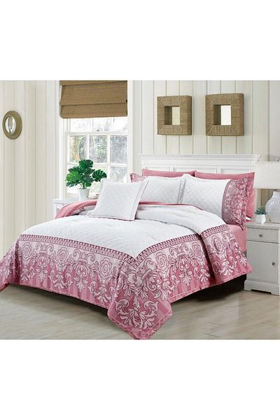 Generic En Zone Winter Double Bedspread 8 Pieces || Pink and White