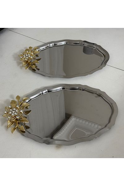 SEVA ÇELİK Stainless Steel 2 Pieces Oval Chamomile Stone Presentation Table