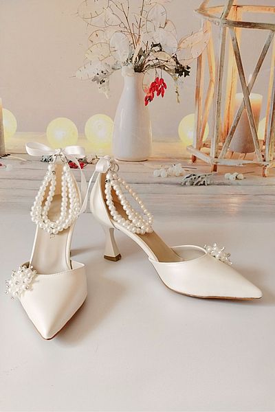 Modavien Pantofi de mireasa de dama cu design special de 7 cm cu perle sidefate