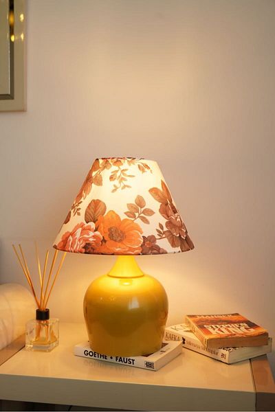 retro home design Mustard Color Footed Conical Brown Flower Printed Lampshade Table Lamp Living Room Bedroom