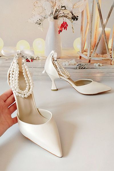Modavien Women's 7 cm Pearl Special Design Off White Bridal Shoes